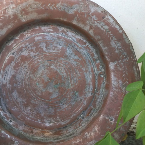 Copper jug and plate set used, old