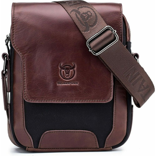 Bullcaptain men's shoulder bag genuine leather and oxford fabric