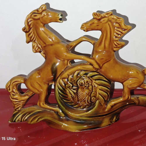 Vintage ceramic decoration with two horses and owl used