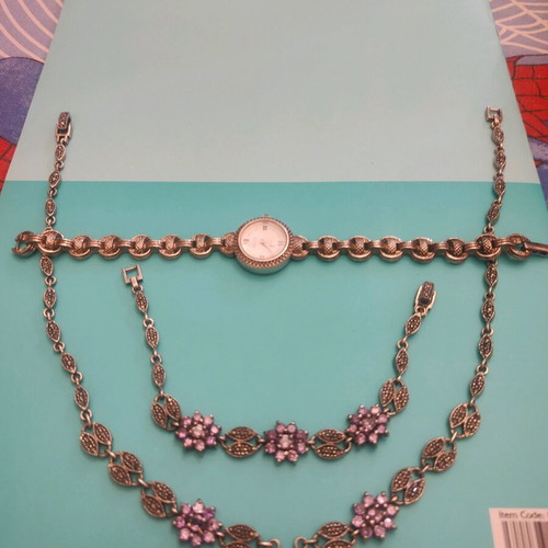 Silver set necklace, bracelet and watch like new with semi-precious stones