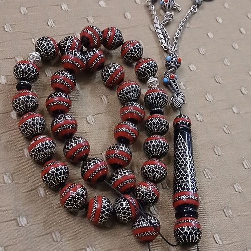 Worry beads black coral and silver with red coral, like new