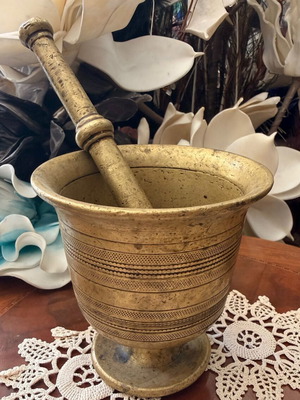 Bronze Mortar and Pestle used, traditional decoration 11x10.5 cm