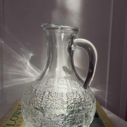 Vintage Glass Carafe 70s with Embossed Daisy Pattern Made in Italy