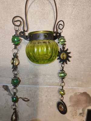 Vintage Boho Κρεμαστό Κηροπήγιο Ρεσώ με Πράσινο Γυαλί σαν καινούργιο