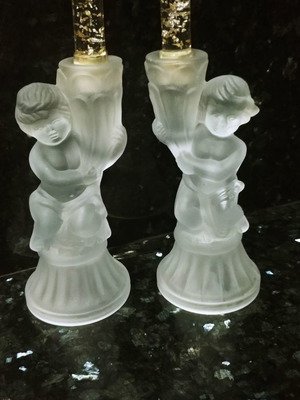 Pair of candlesticks used frosted glass Taiwan with cherubs