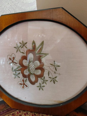 Vintage tray with handmade embroidery and brass handles used