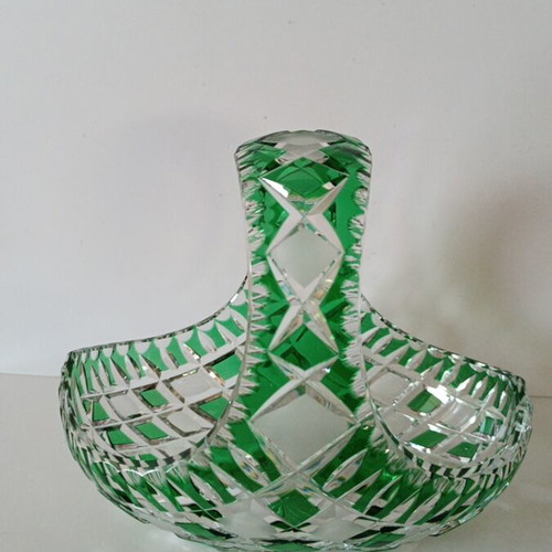 Vintage Bohemia crystal basket emerald green