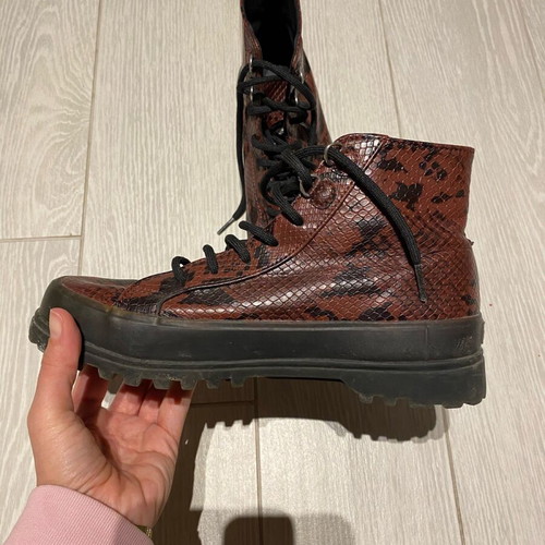 Superga leather ankle boots like new with snake pattern in burgundy and black