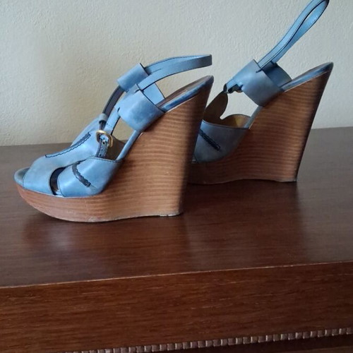 Chloe leather platform sandals used, blue and brown