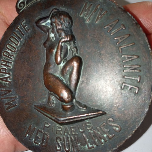 Vintage bronze Med Sun Lines paper clip with Aphrodite figure