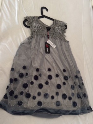 Yumi dress new grey blue with velvet motifs and cotton appliqués