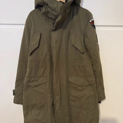 Replay long jacket with hood and fur lining, size S