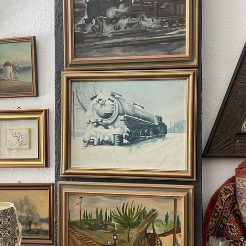 Paintings The Trains signed artworks in wooden frame set of 3