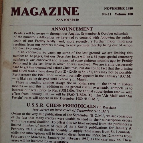 British Chess Magazine 10 issues 1980 like new