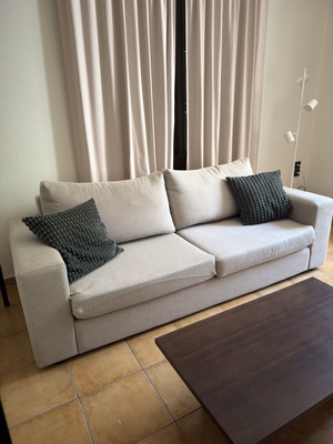 Aiolos handmade three-seater sofa, beige fabric, 220x90 cm