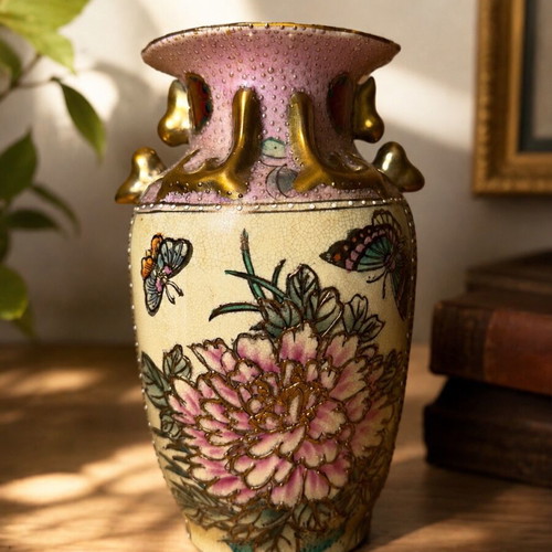 Vintage Satsuma Porcelain Vase handmade with embossed details