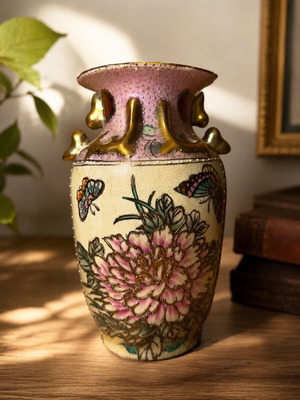 Vintage Satsuma Porcelain Vase handmade with embossed details