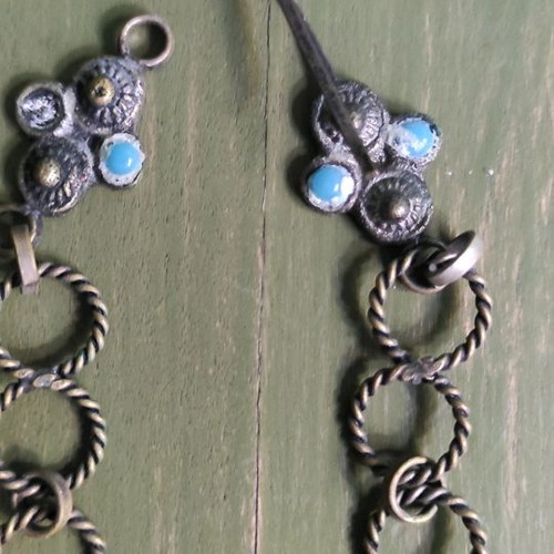 Folk art necklace used, silver with turquoise stones