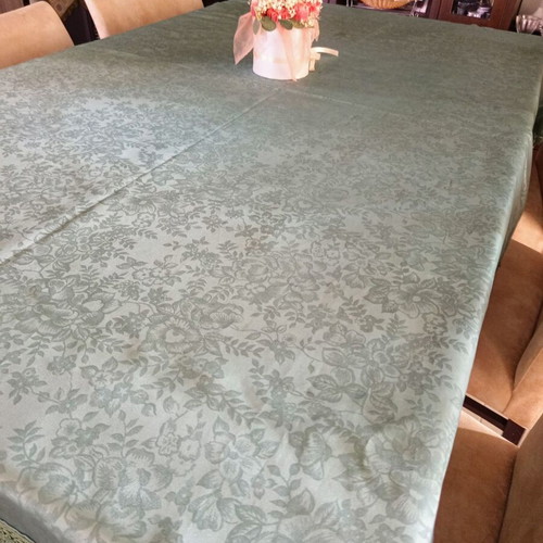 Vintage large petrol tablecloth with fringes and floral pattern used