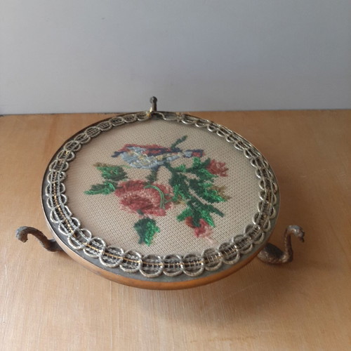 Decorative plate with embroidery and swan feet used, 1950s vintage