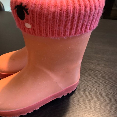 Children's rain boots size 26 like new with lining and unicorn design pink orange