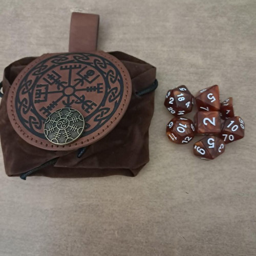 Runic dice bag with brown marbled D&D dice set