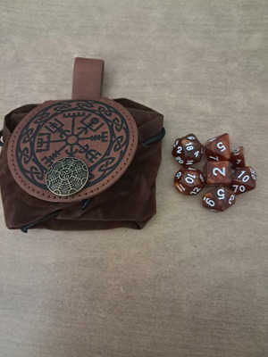 Runic dice bag with brown marbled D&D dice set