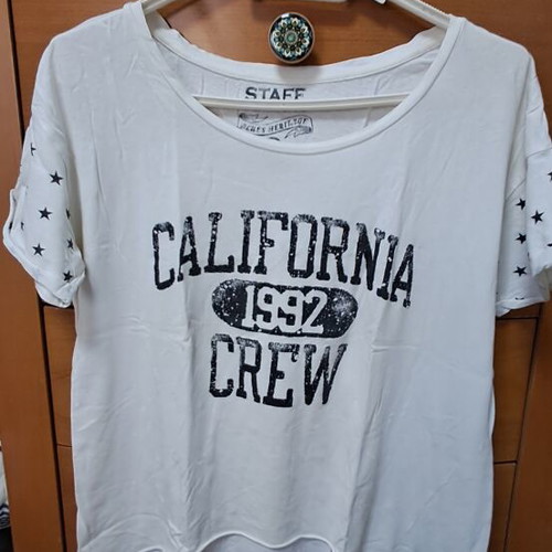 Staff women's white T-shirt size S, short front, longer back