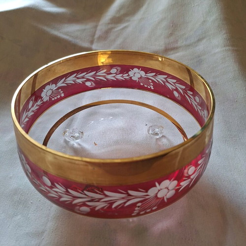 Ruby Color Crystal Bowl with 24K Gold Like New
