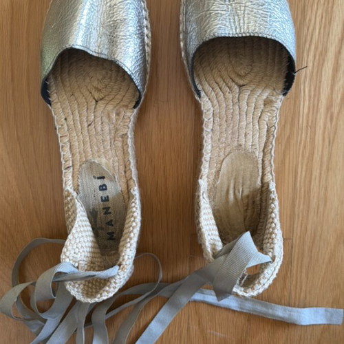 Manebi espadrilles used, silver with rope sole and ankle straps, size 37