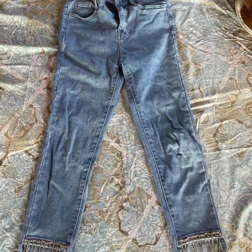 Skinny jeans with rhinestones and fringes like new, size XS, blue
