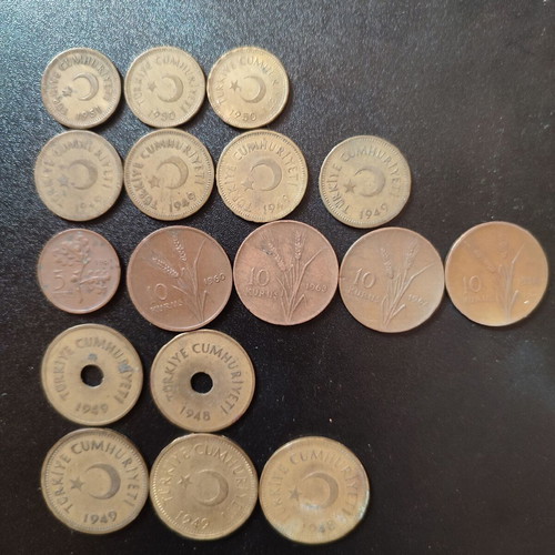 Turkish coins used, lot of 17 pieces 1948–1964