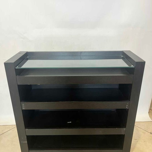 Wooden furniture with glass surface and two shelves on wheels used