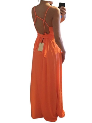 Maxi dress Lynne coral summer with open back and front slit, new
