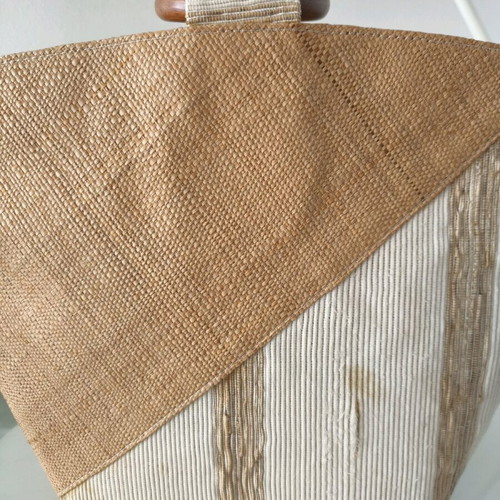 Raffia tote bag Astrup new, beige and brown, wooden handles