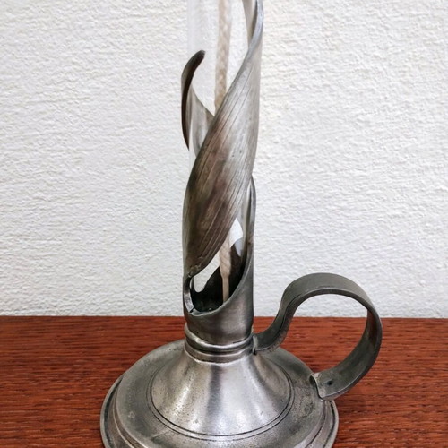 Candlestick with wick new, pewter and glass decorative