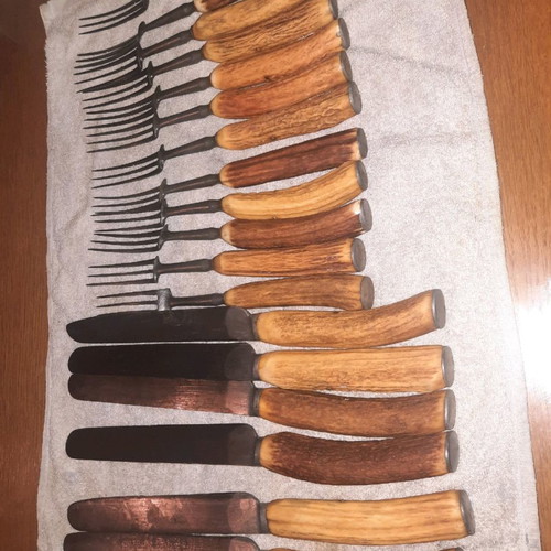 Lund collectible cutlery used, stag handle, 1840 era, 12 forks 7 steel knives