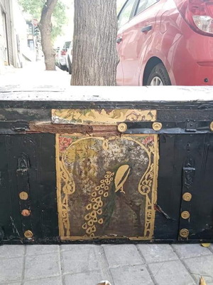 Old painted chest with peacock used