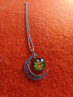 Handmade necklace with crescent pendant and glass dome like new