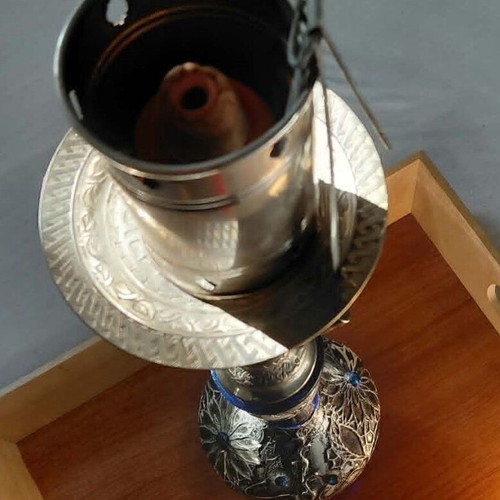 Hookah with blue glass base and silver decoration