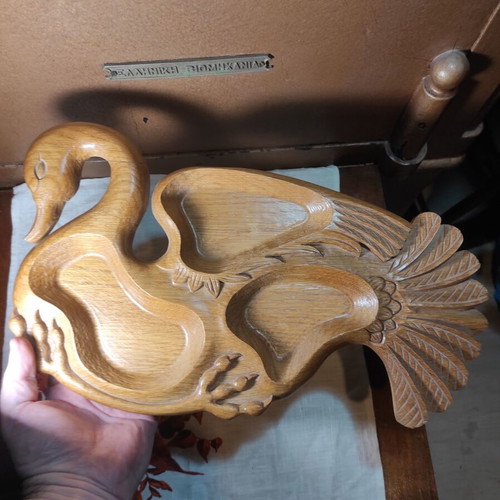 Wooden carved swan plate old Greek 1970 large size like new