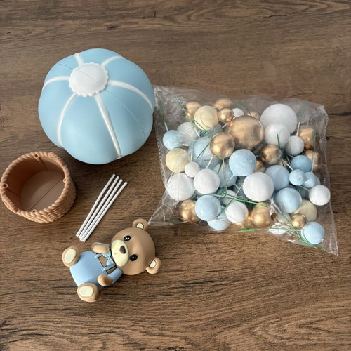 Cake decor with balloons, teddy bear, and hot air balloon like new