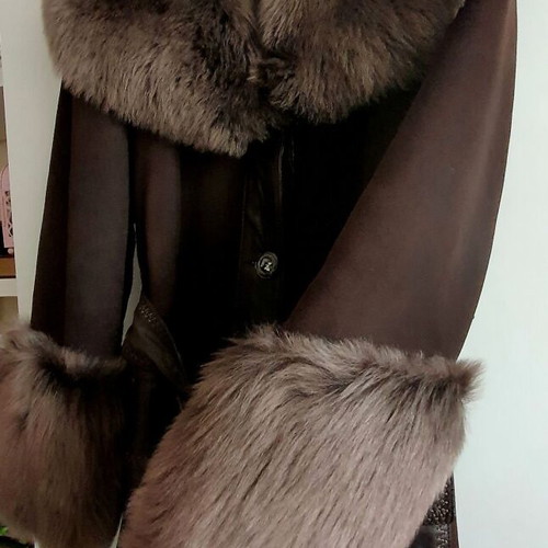 Long mouton coat made of genuine leather and natural fur new, brown, size S