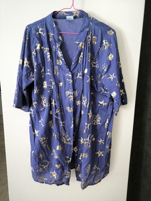 Women's blue shirt with gold designs, 3/4 sleeves, adjustable