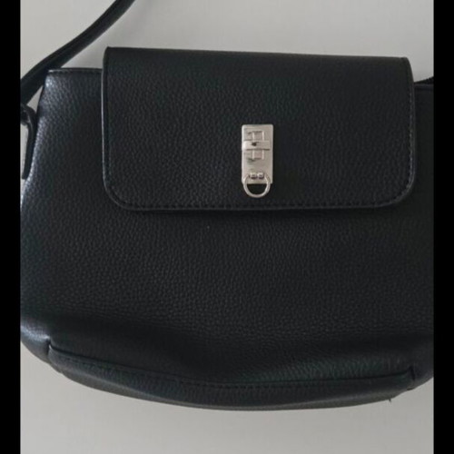 Black crossbody bag with silver clasp, eco-leather