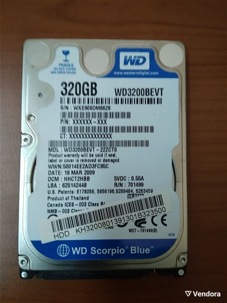  skliros diskos esoterikos WD 320GB SATA 2,5΄΄.