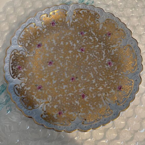 Porcelain antique large platter like new with gilded decoration and painted flowers