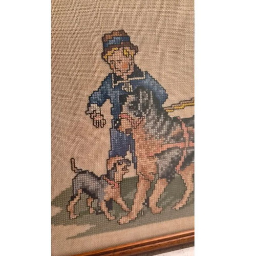 Vintage cross-stitch dog cart embroidery framed