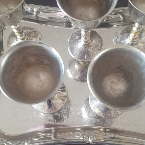 Vintage silver-plated tray with 5 liqueur glasses