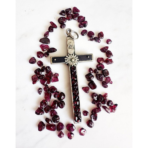 Antique French Cross Pendant with Garnets used, late 19th century
